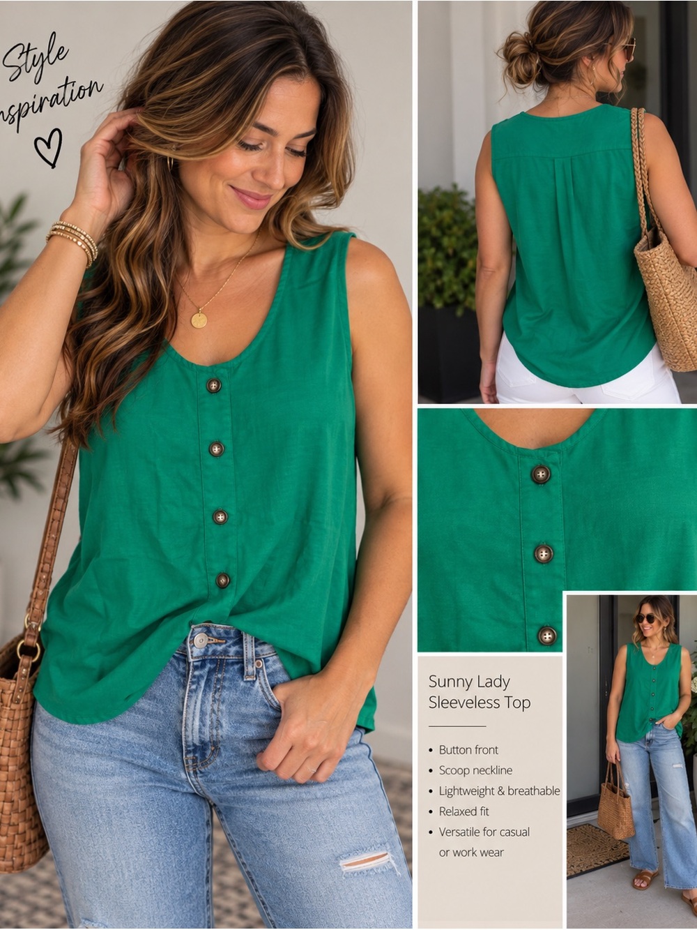 SunnyLady Size 20 Teal Green 100% Cotton Sleeveless Button Front Top